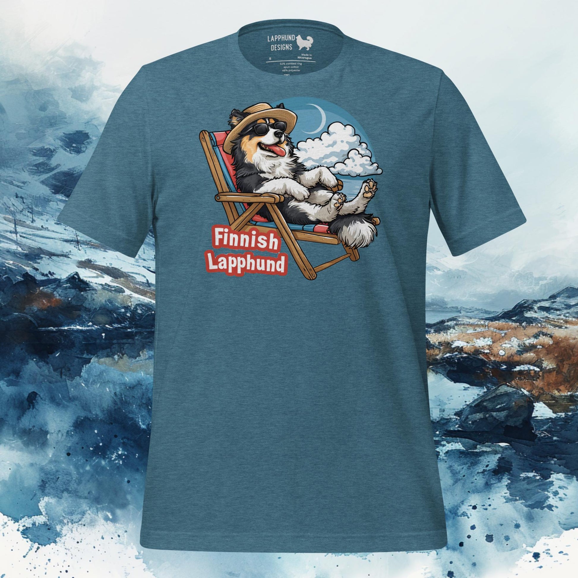 Teal t-shirt featuring a Finnish Lapphund lounging in a beach chair with sunglasses and a straw hat, perfect for relaxed, outdoorsy dog lovers.