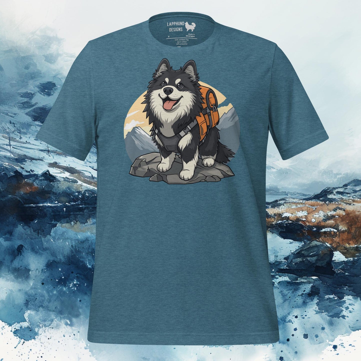 Mountain Adventurer Lapphund T-Shirt – Finnish Lapphund Hiking Journey Design