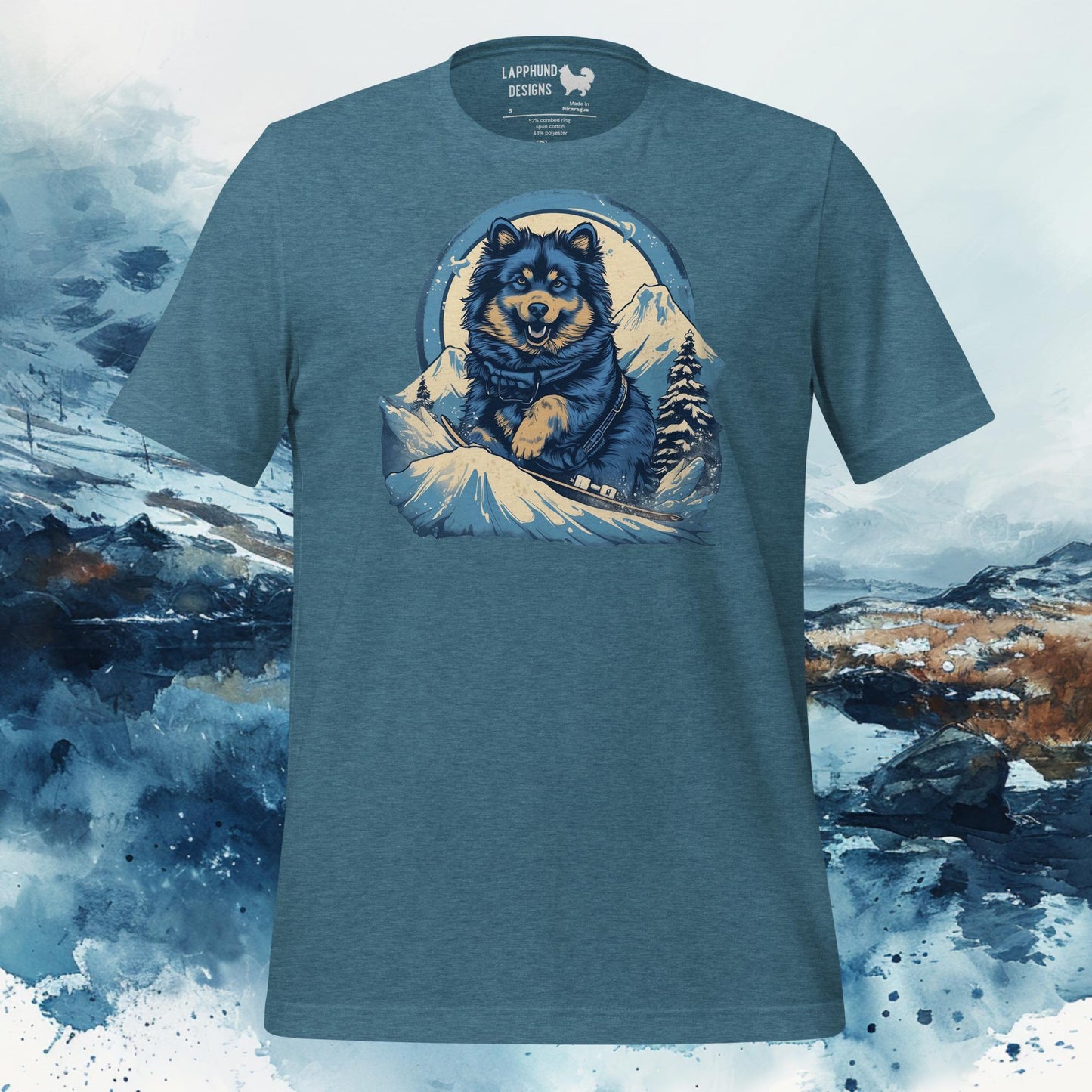 Finnish Lapphund T-Shirt – Snowboarding Adventure Design for Outdoor Lovers