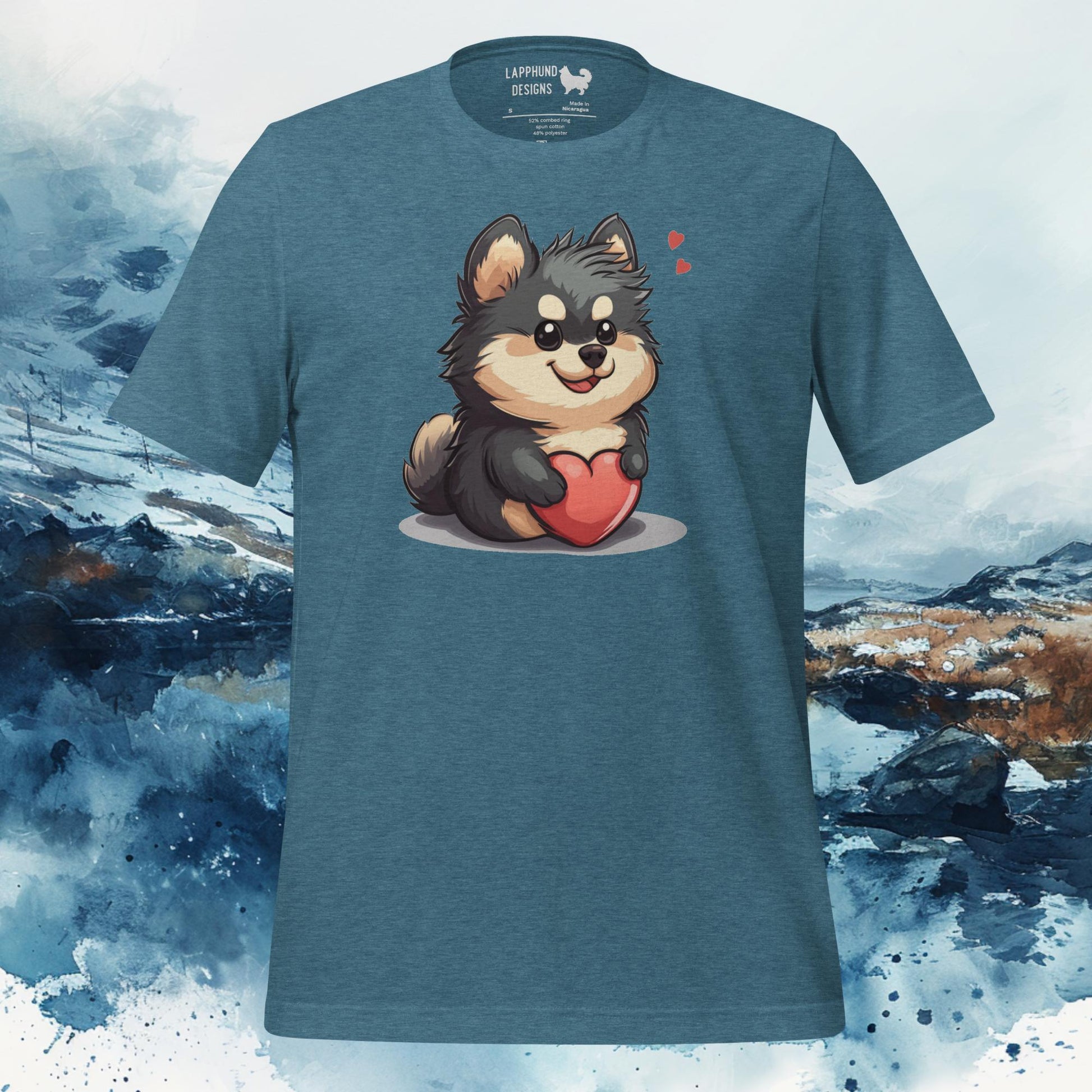 Blue t-shirt featuring an adorable Finnish Lapphund holding a heart, ideal for Lapphund enthusiasts and dog lovers.