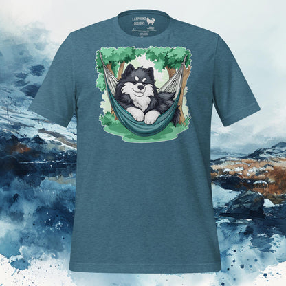 Teal-colored t-shirt featuring an illustration of a Finnish Lapphund lounging in a hammock between trees, ideal for Lapphund enthusiasts.