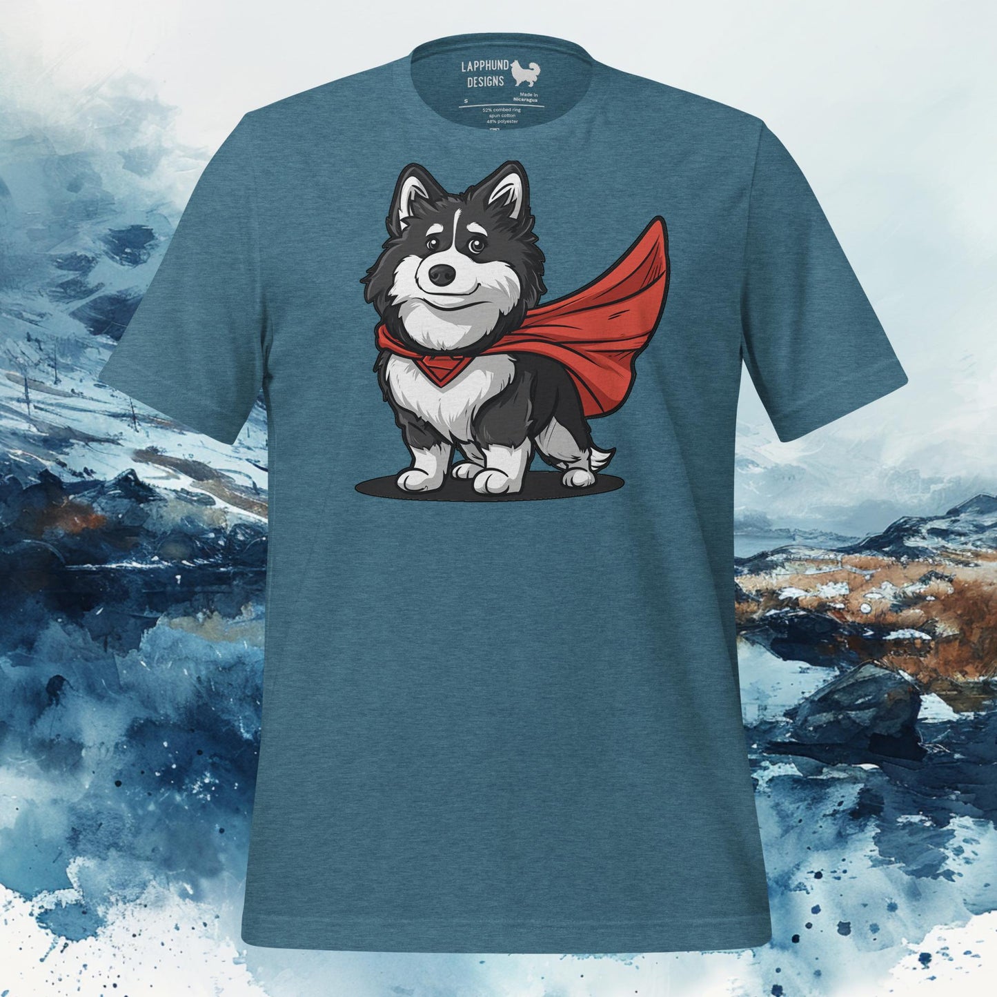 Finnish Lapphund T-Shirt – Superhero Lappie with Red Cape Art