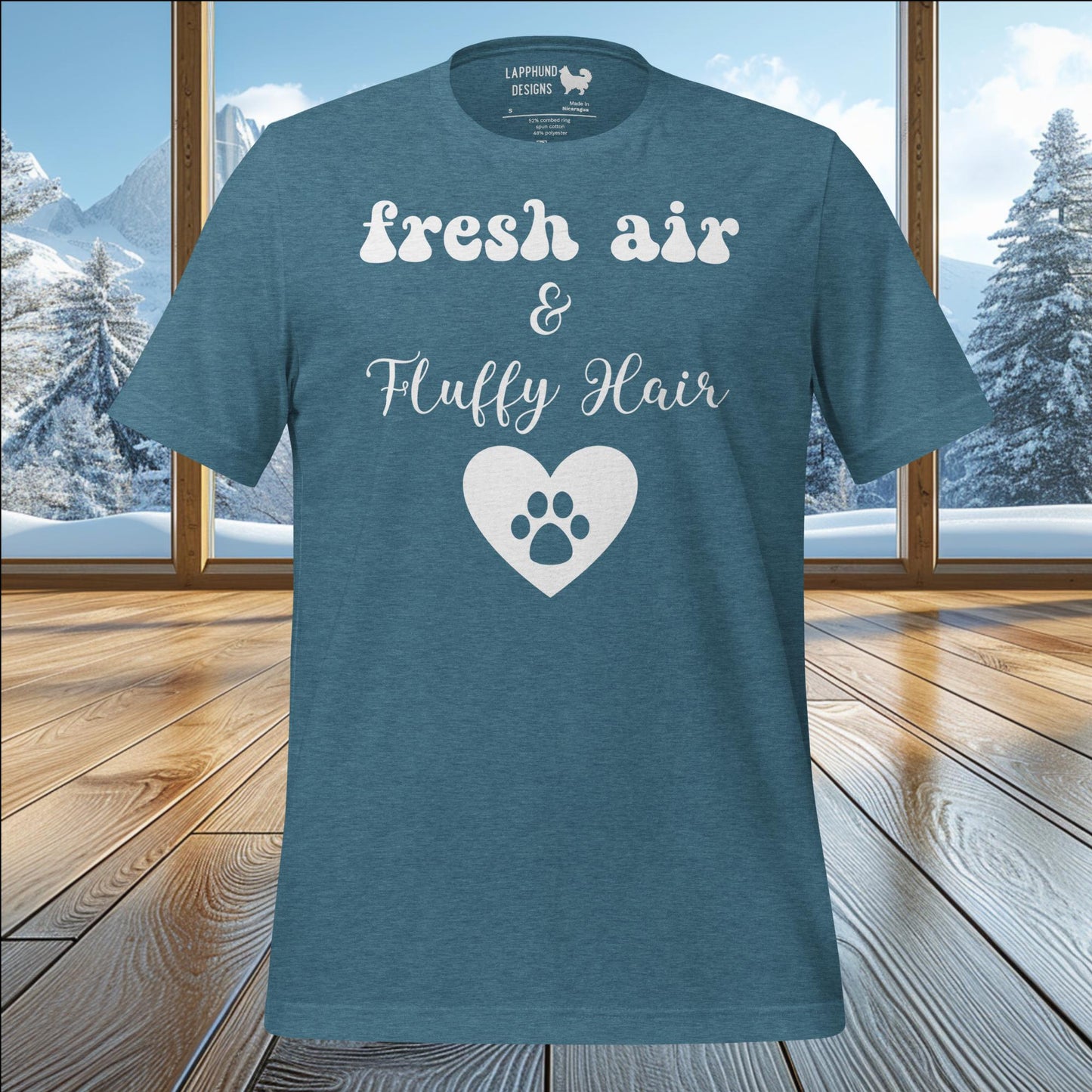 Fresh Air & Fluffy Hair t-shirt with a heart and paw print, perfect for dog lovers who enjoy outdoor adventures.