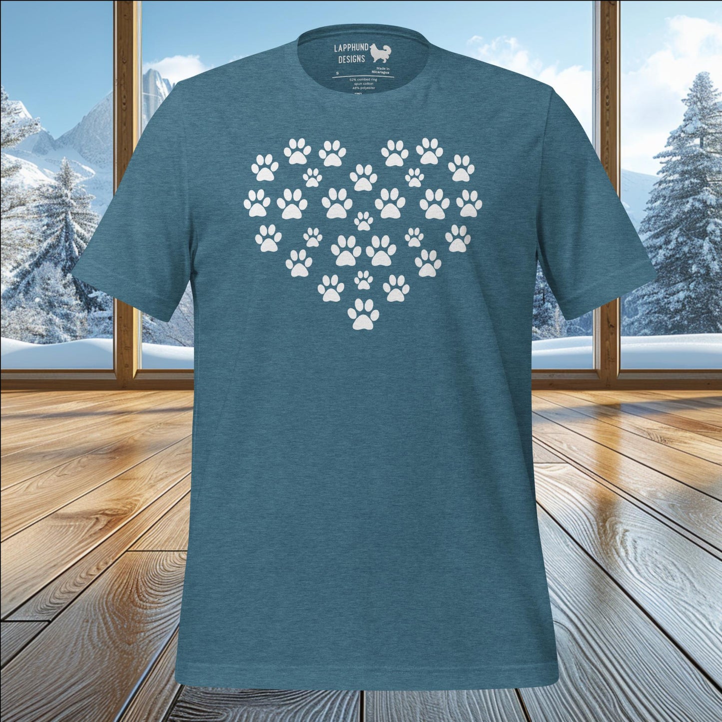 Paw Print Heart t-shirt featuring a heart design made of paw prints, perfect for dog lovers and outdoor enthusiasts.