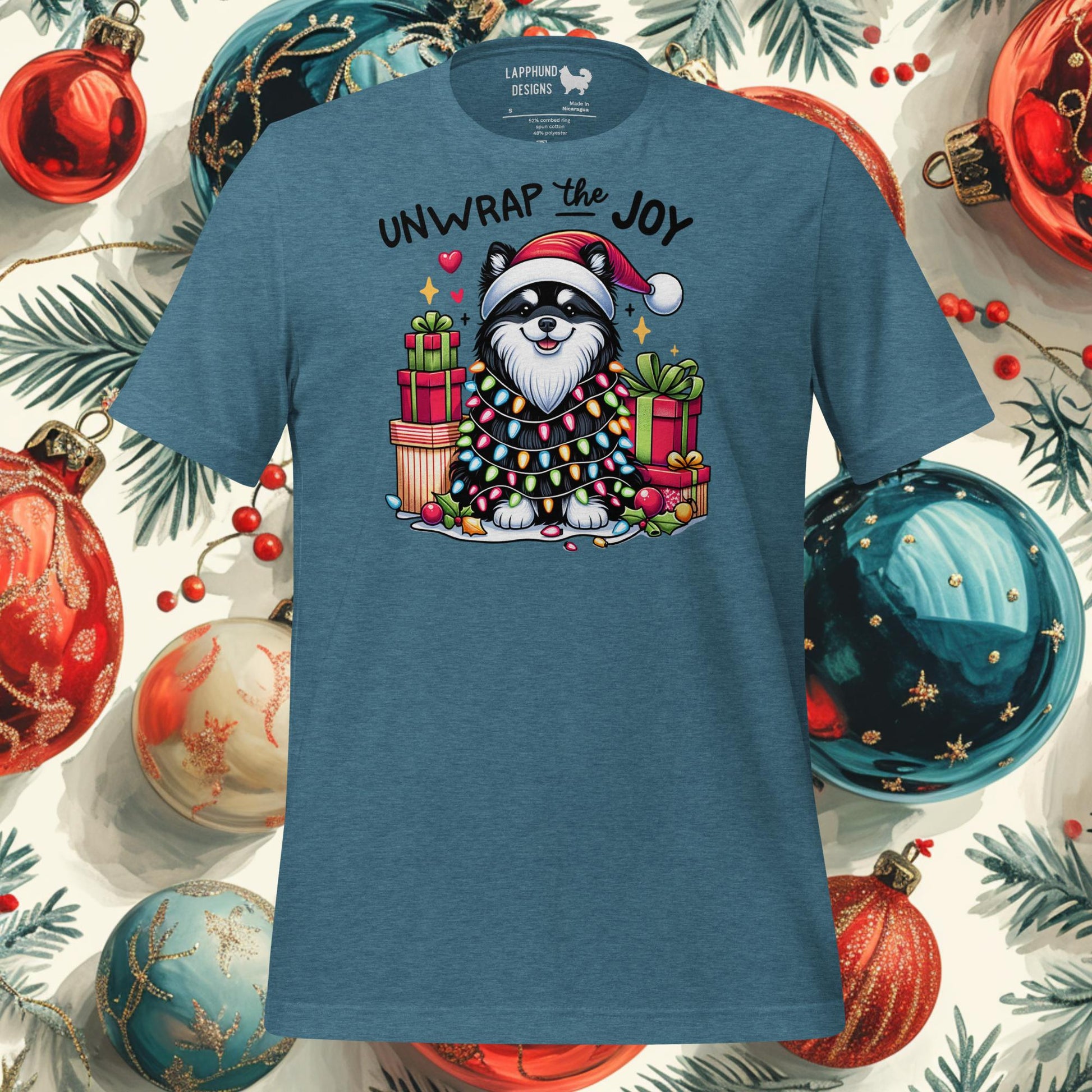 Unwrap the Joy Finnish Lapphund Christmas t-shirt featuring a festive design with holiday lights, presents, and a Santa hat.