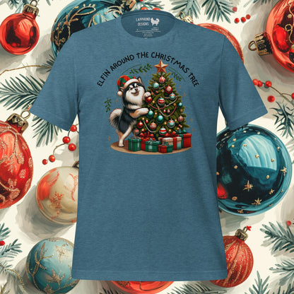 Elfin' Around the Christmas Tree Finnish Lapphund T-Shirt – festive holiday design with a Lapphund and Christmas tree."