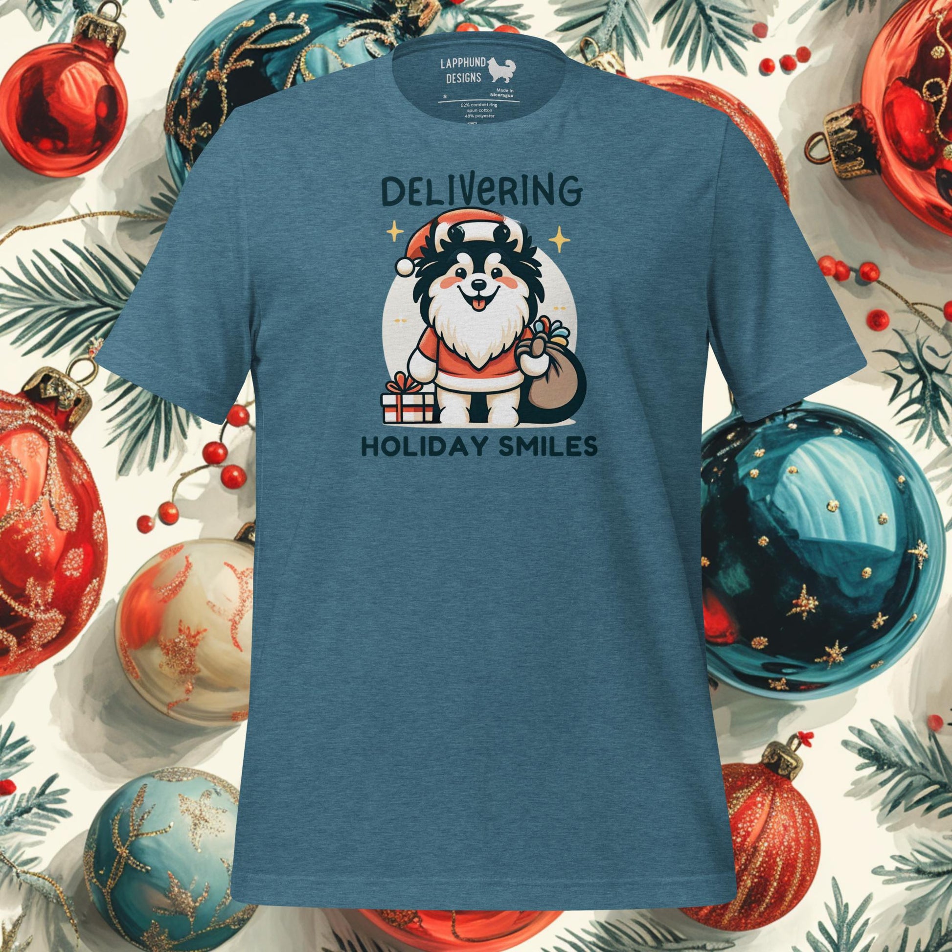 Delivering Holiday Smiles Finnish Lapphund Christmas T-Shirt featuring a Santa dog design, ideal for festive celebrations.