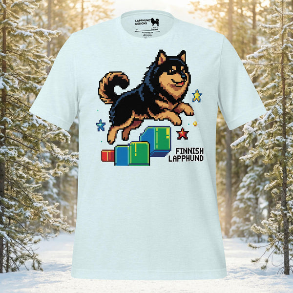 Finnish Lapphund Pixel Platform Jump Retro Game Illustration T-Shirt | Lapphund Designs