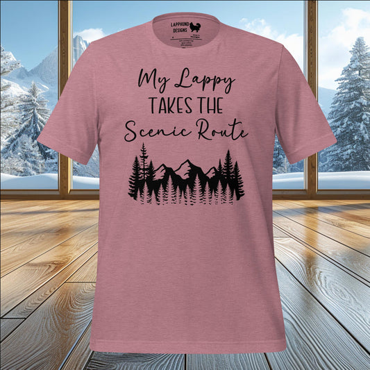 My Lappy Takes the Scenic Route t-shirt featuring a mountain and forest graphic, perfect for Lapphund lovers and outdoor adventurers.