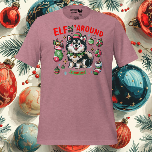 Elf Around Finnish Lapphund Christmas t-shirt featuring playful design with ornaments, candy canes, and stockings, perfect for dog lovers.