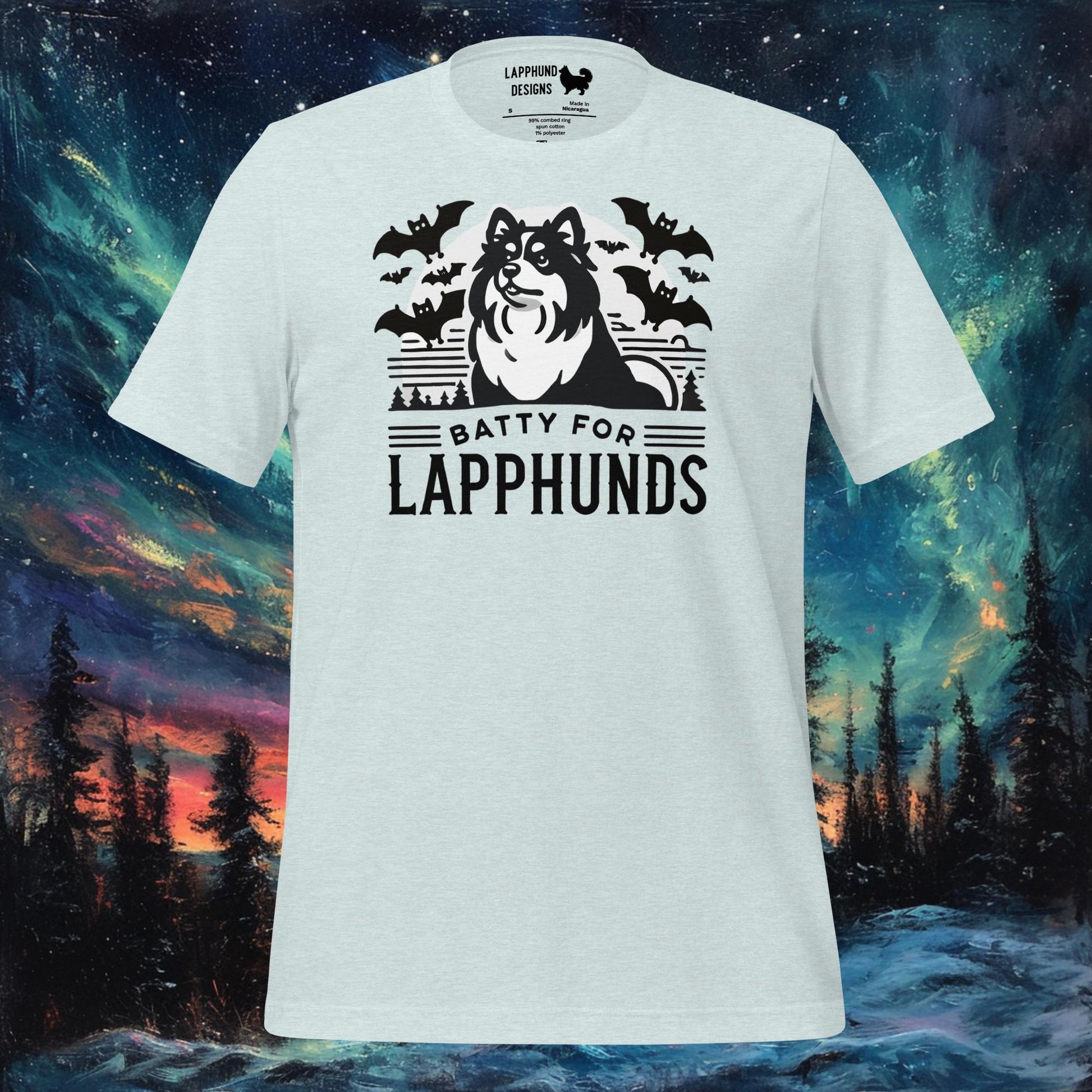 Ice blue t-shirt featuring a Finnish Lapphund surrounded by bats with 'Batty for Lapphunds' text, perfect for Halloween and dog lovers.