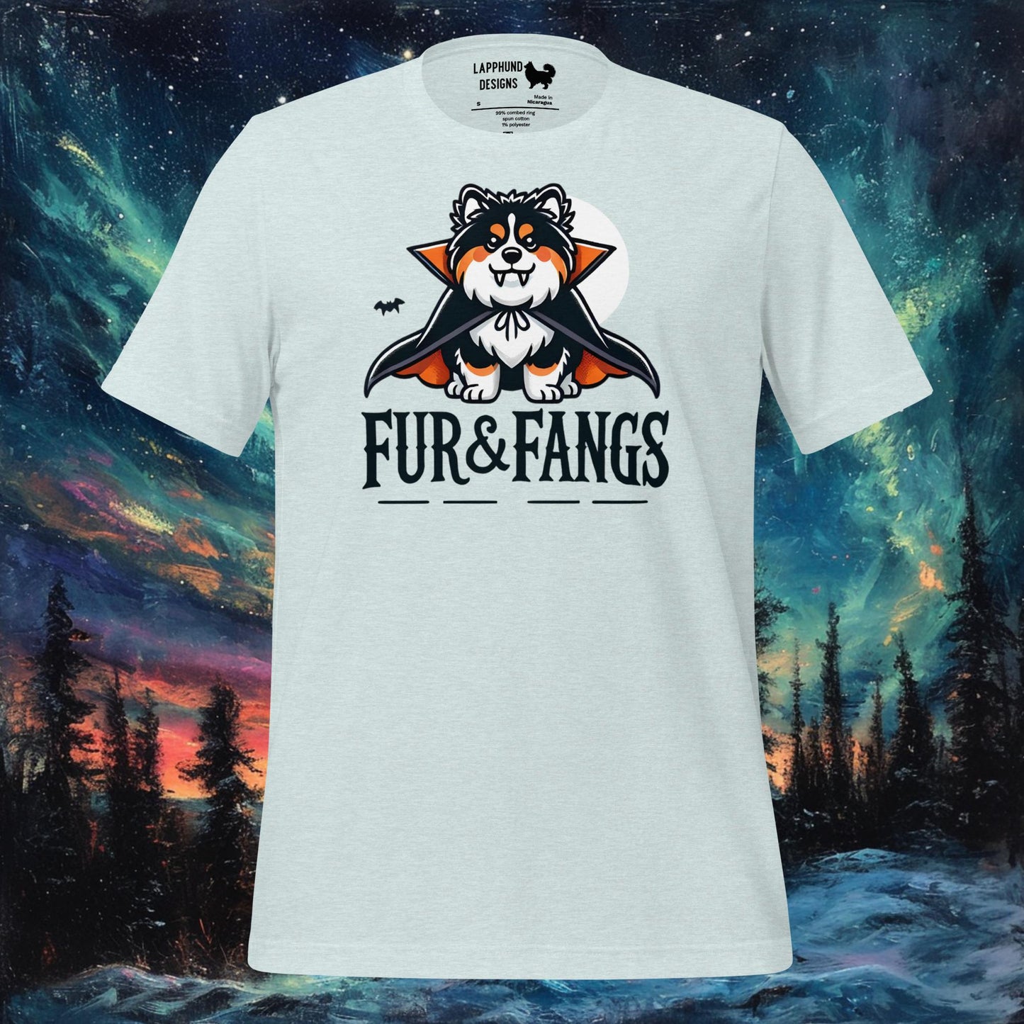 T-shirt Fur &amp; Fangs – Motif Halloween avec un chien finnois de Laponie et un vampire