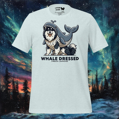 Light blue t-shirt featuring a Finnish Lapphund dressed in a whale costume with 'Whale Dressed' text, perfect for dog lovers.