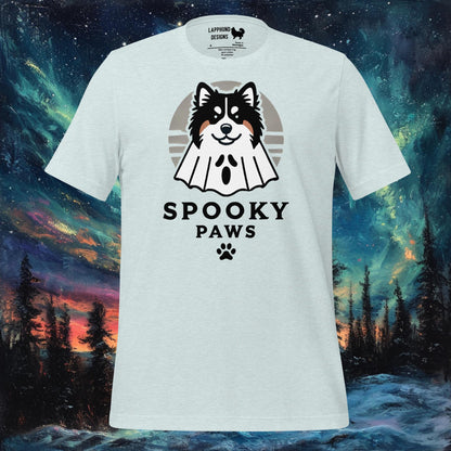 Light blue t-shirt featuring a Finnish Lapphund dressed as a ghost with 'Spooky Paws' text, perfect for Halloween and dog lovers.