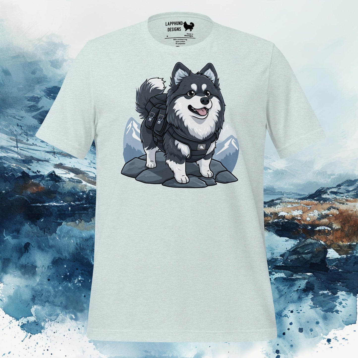 Outdoor Adventurer Lapphund T-Shirt – Finnish Lapphund Mountain Hike Design