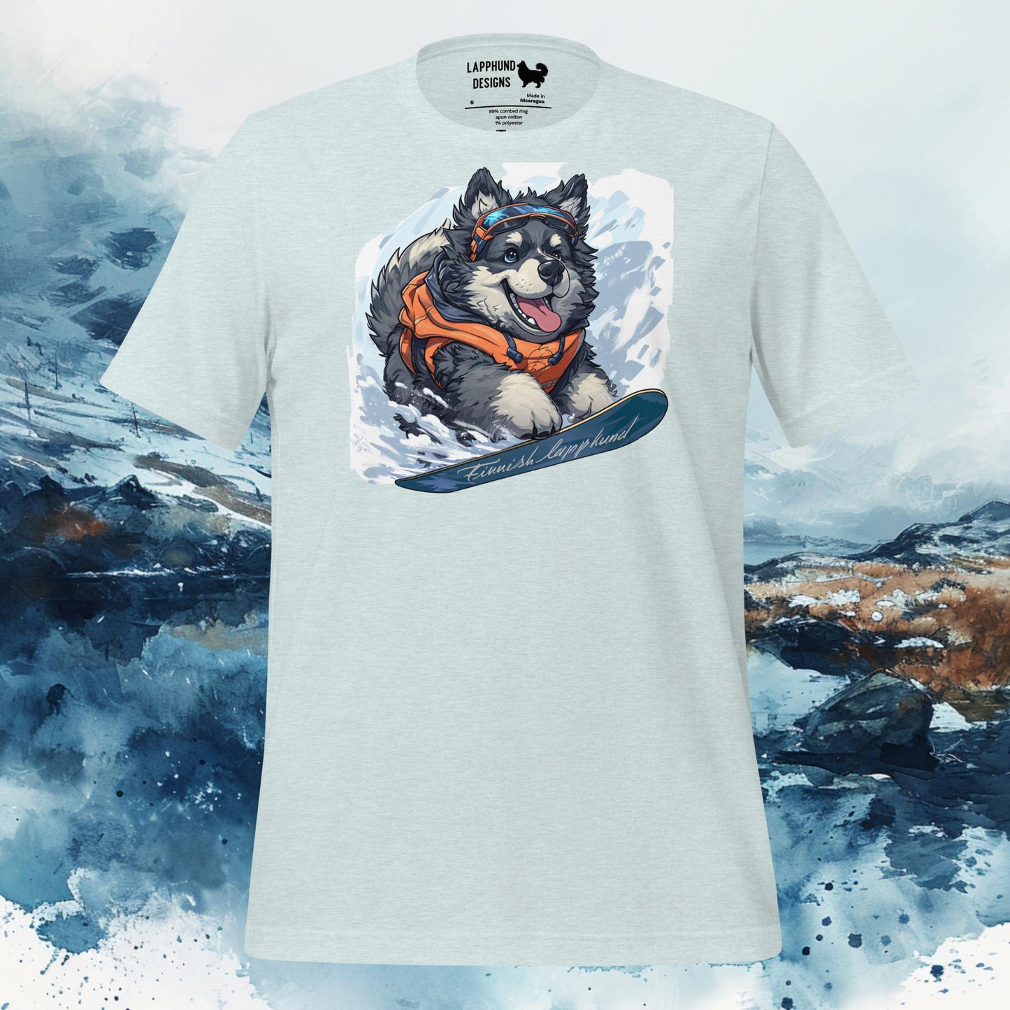 Snowy Explorer Lapphund T-Shirt – Finnish Lapphund Snowboarding Adventure Design