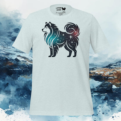 Light blue t-shirt featuring a Finnish Lapphund silhouette filled with a starry night sky pattern, creating a cosmic and nature-inspired design.