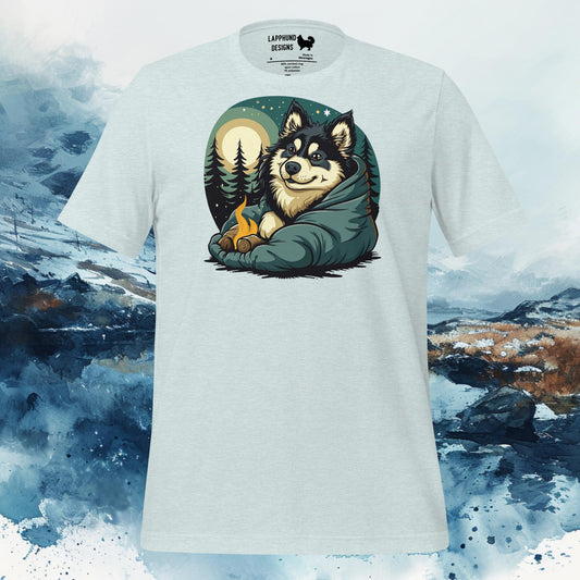 T-shirt featuring a Finnish Lapphund snuggled by a campfire under the moonlight, perfect for nature-loving and adventure-seeking dog owners.