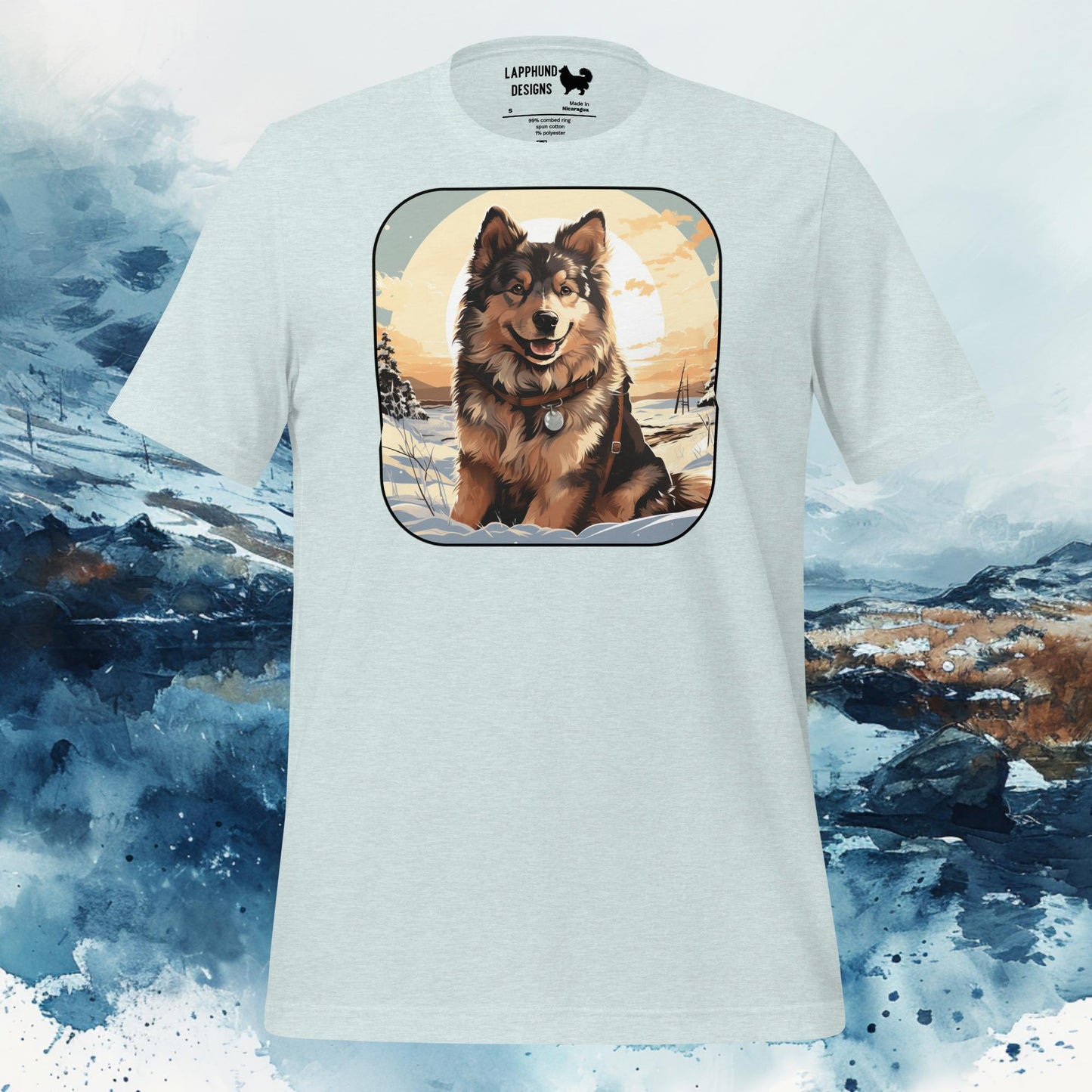 Light blue t-shirt featuring a Finnish Lapphund sitting in a snowy landscape illustration, perfect for Lapphund enthusiasts.