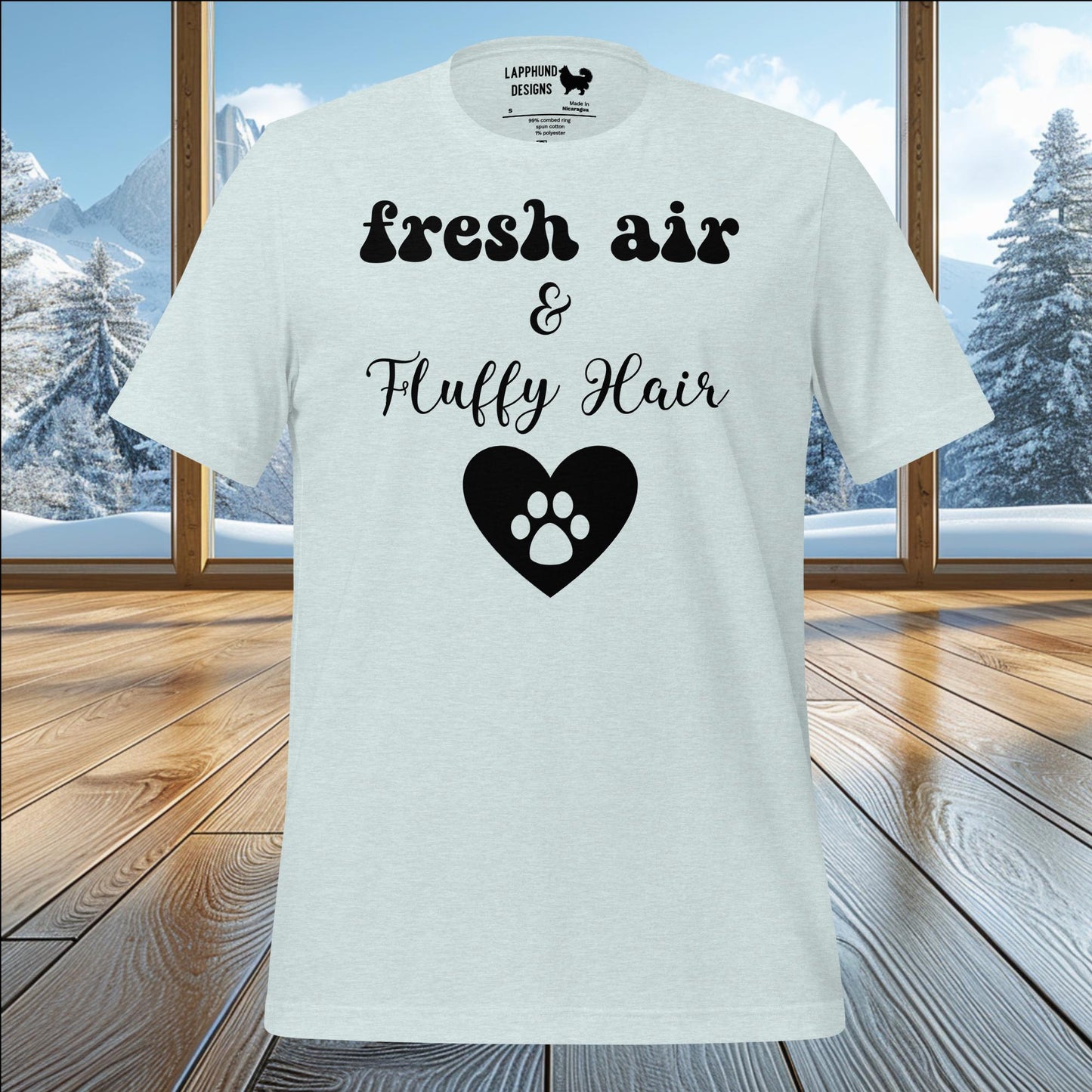 Fresh Air & Fluffy Hair t-shirt with a heart and paw print, perfect for dog lovers who enjoy outdoor adventures.