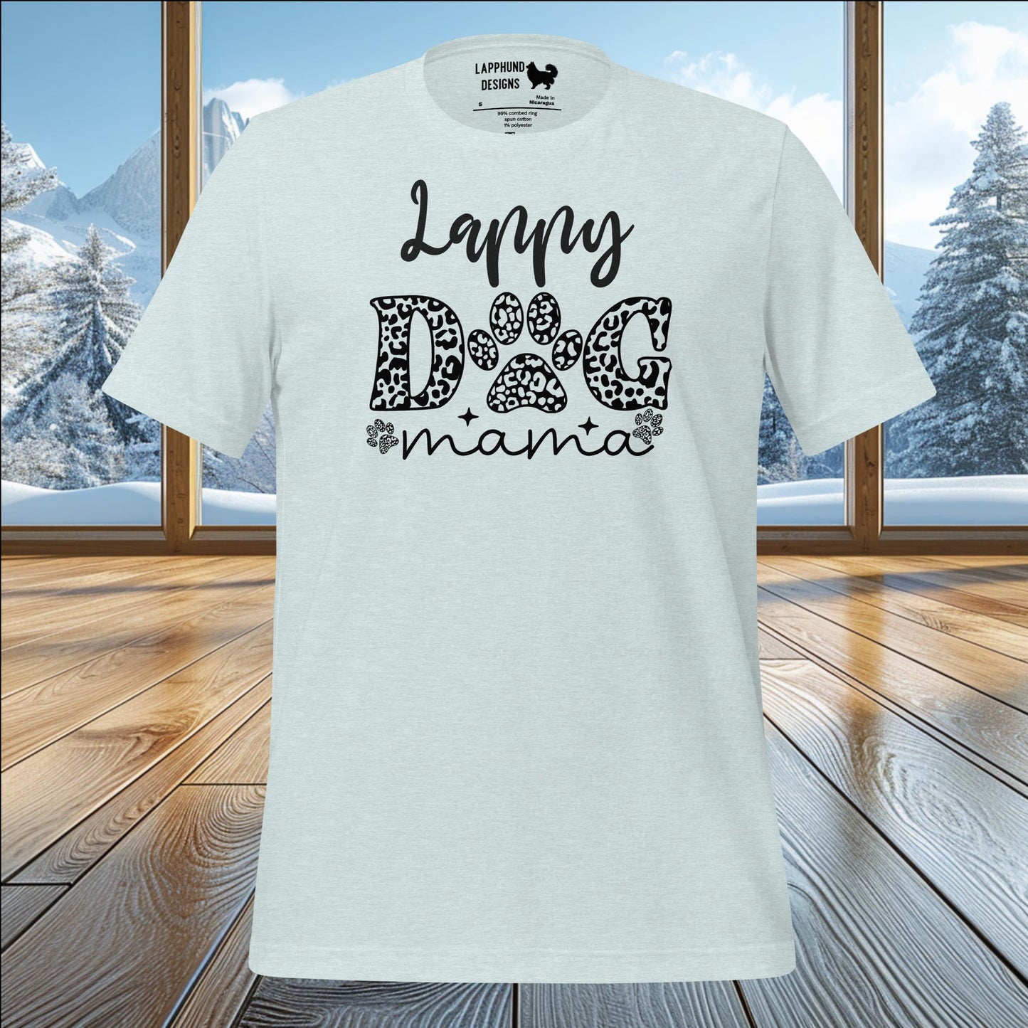 Lappy Dog Mama t-shirt featuring playful typography and paw print design, perfect for Lapphund moms and outdoor enthusiasts.