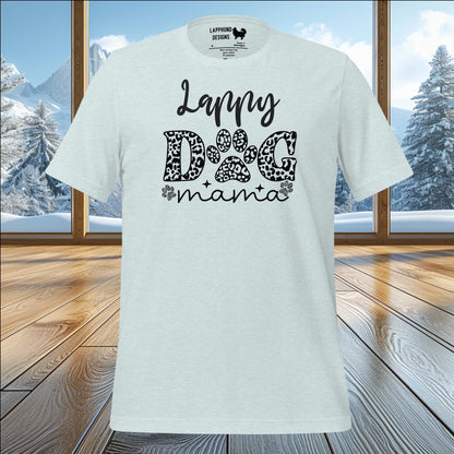 Lappy Dog Mama t-shirt featuring playful typography and paw print design, perfect for Lapphund moms and outdoor enthusiasts.