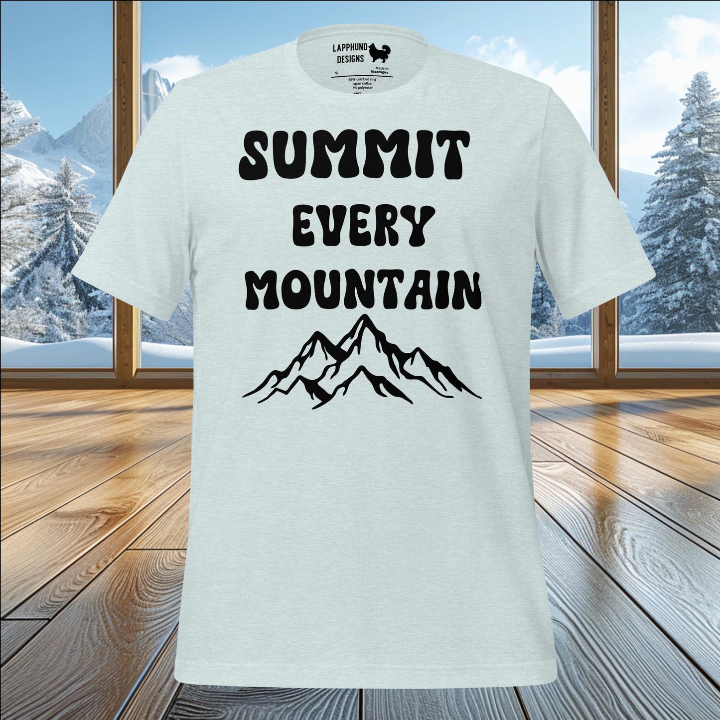 Summit Every Mountain t-shirt featuring bold text and rugged mountain design, perfect for nature lovers and outdoor enthusiasts.