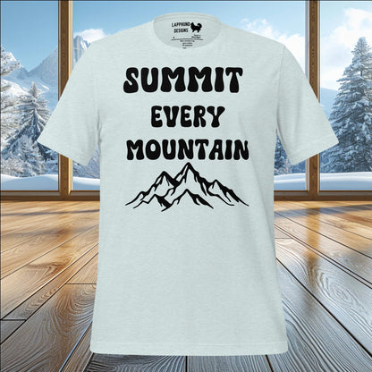 Summit Every Mountain t-shirt featuring bold text and rugged mountain design, perfect for nature lovers and outdoor enthusiasts.