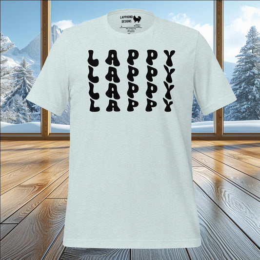 LAPPY Repeat t-shirt featuring playful, bold typography, perfect for Lapphund lovers and dog enthusiasts.