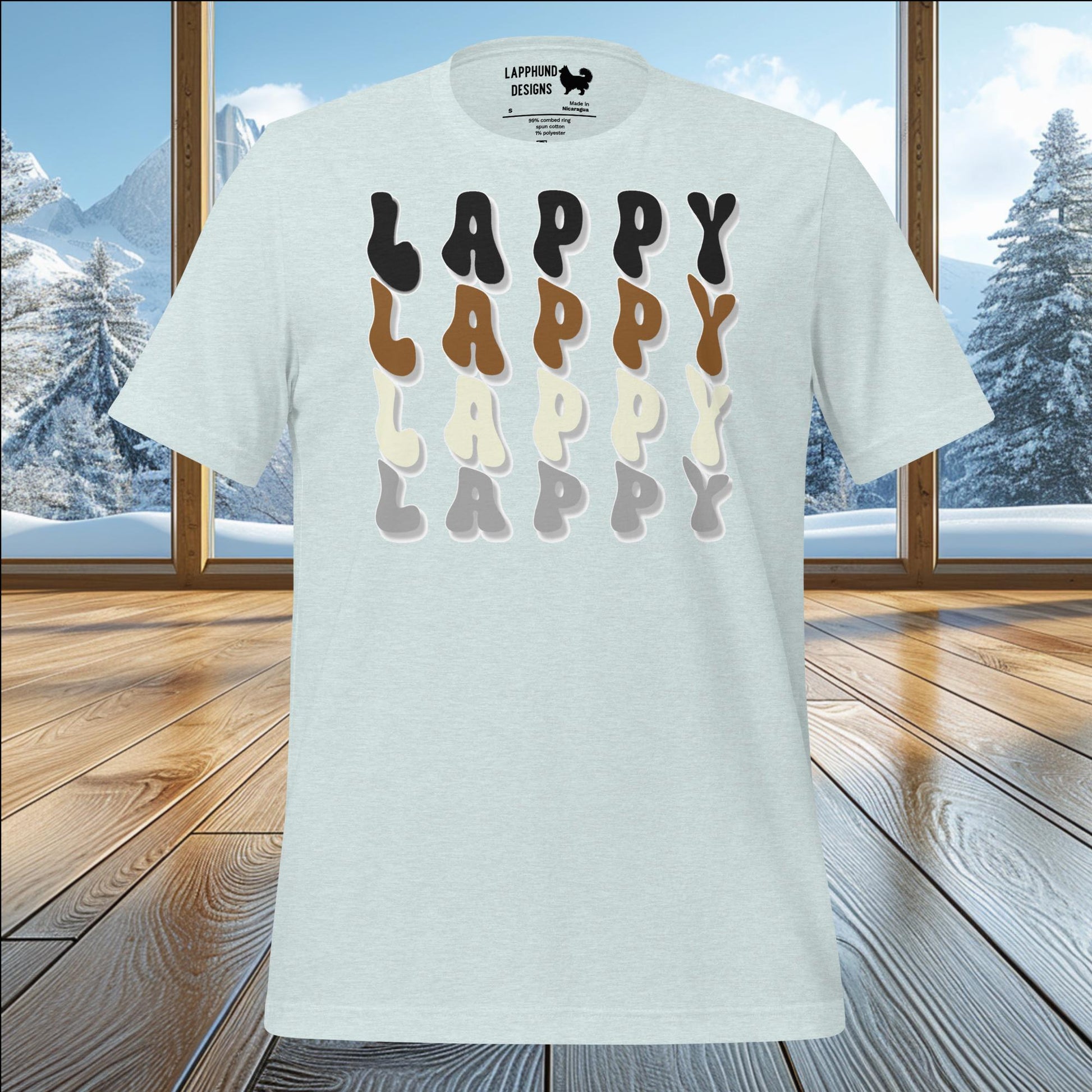 LAPPY Gradient t-shirt featuring playful gradient design in shades of blue, perfect for Lapphund lovers and dog enthusiasts.