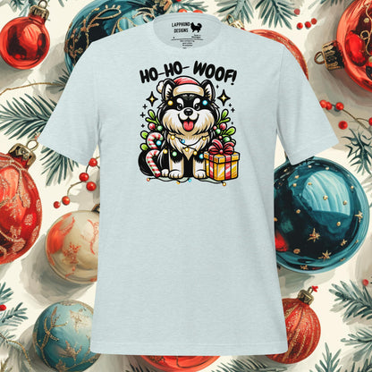 Ho-Ho-Woof! Finnish Lapphund Christmas t-shirt featuring a festive dog design with presents and Christmas decor, perfect for holiday lovers.