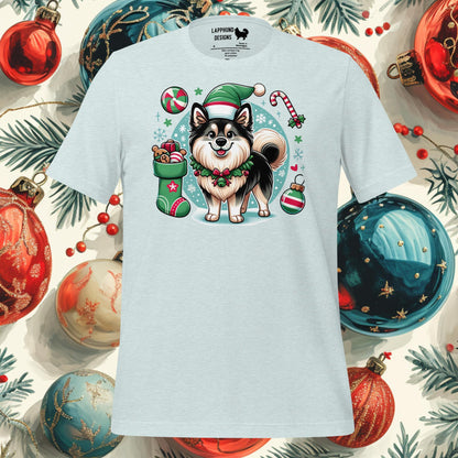 Festive Finnish Lapphund Christmas t-shirt with holiday-themed design, featuring a Lapphund and Christmas decorations.