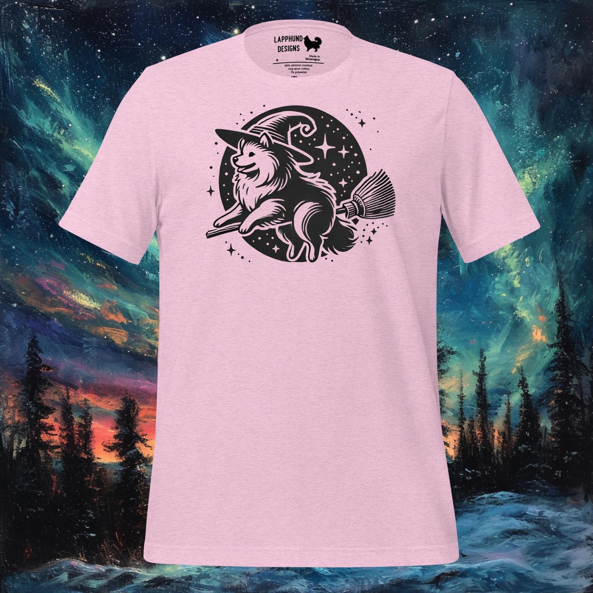 Heather Prism Lilac t-shirt featuring a Finnish Lapphund flying on a broomstick with stars, perfect for dog lovers and Halloween fans.