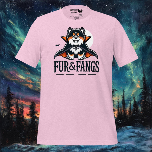 Lilac t-shirt featuring a Finnish Lapphund dressed as a vampire with a full moon, perfect for Halloween and dog lovers.