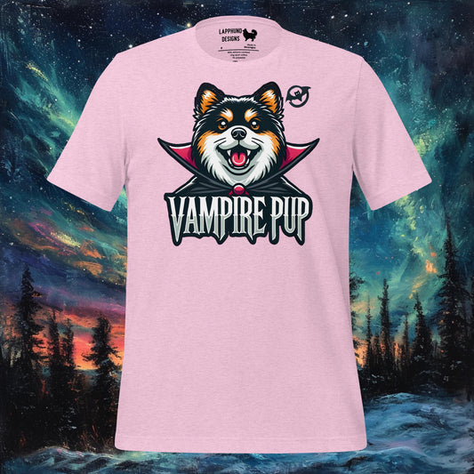 Pink t-shirt featuring a Finnish Lapphund in a vampire cape with 'Vampire Pup' text, perfect for Halloween and dog lovers.