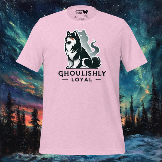 Light pink t-shirt featuring a Finnish Lapphund with a ghost and 'Ghoulishly Loyal' text, perfect for Halloween and dog lovers.