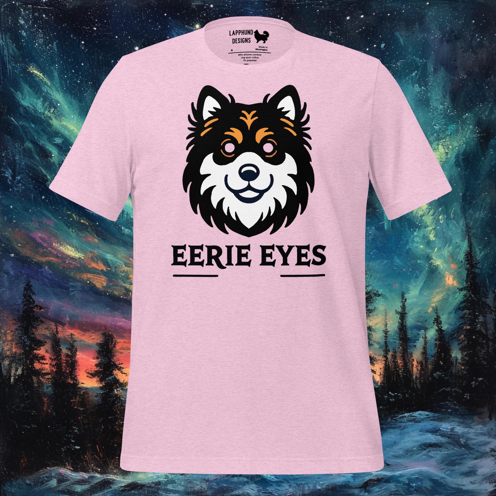 Light pink t-shirt featuring a Finnish Lapphund with glowing, spooky eyes and 'Eerie Eyes' text, perfect for Halloween and dog lovers.