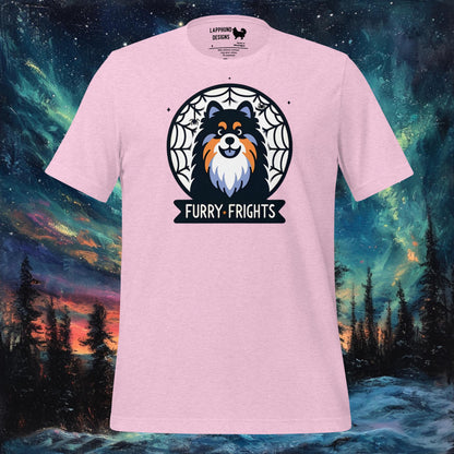 Pink t-shirt featuring a Finnish Lapphund surrounded by a spider web with 'Furry Frights' text, perfect for Halloween and dog lovers.