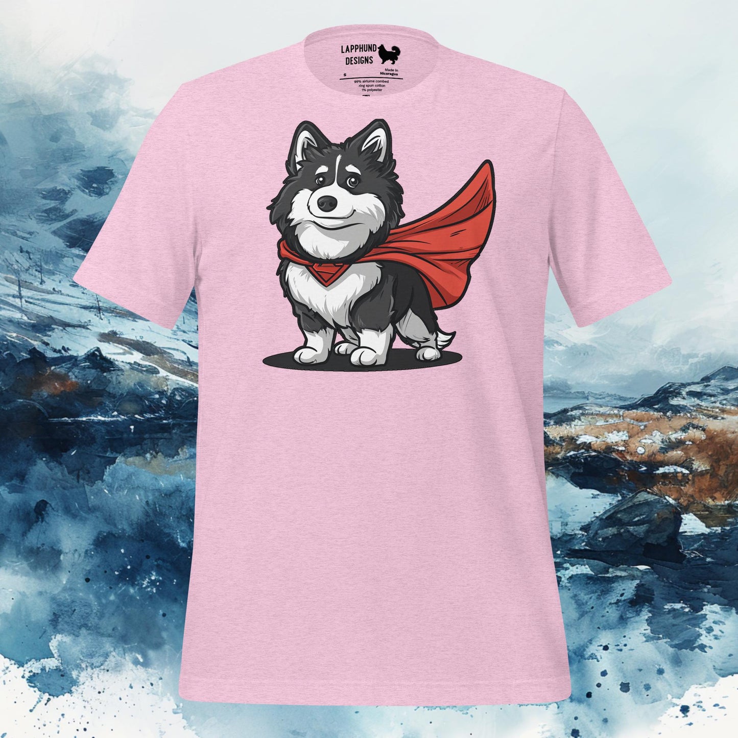 Pink t-shirt featuring an illustration of a Finnish Lapphund wearing a red superhero cape, ideal for Lapphund enthusiasts and dog lovers.