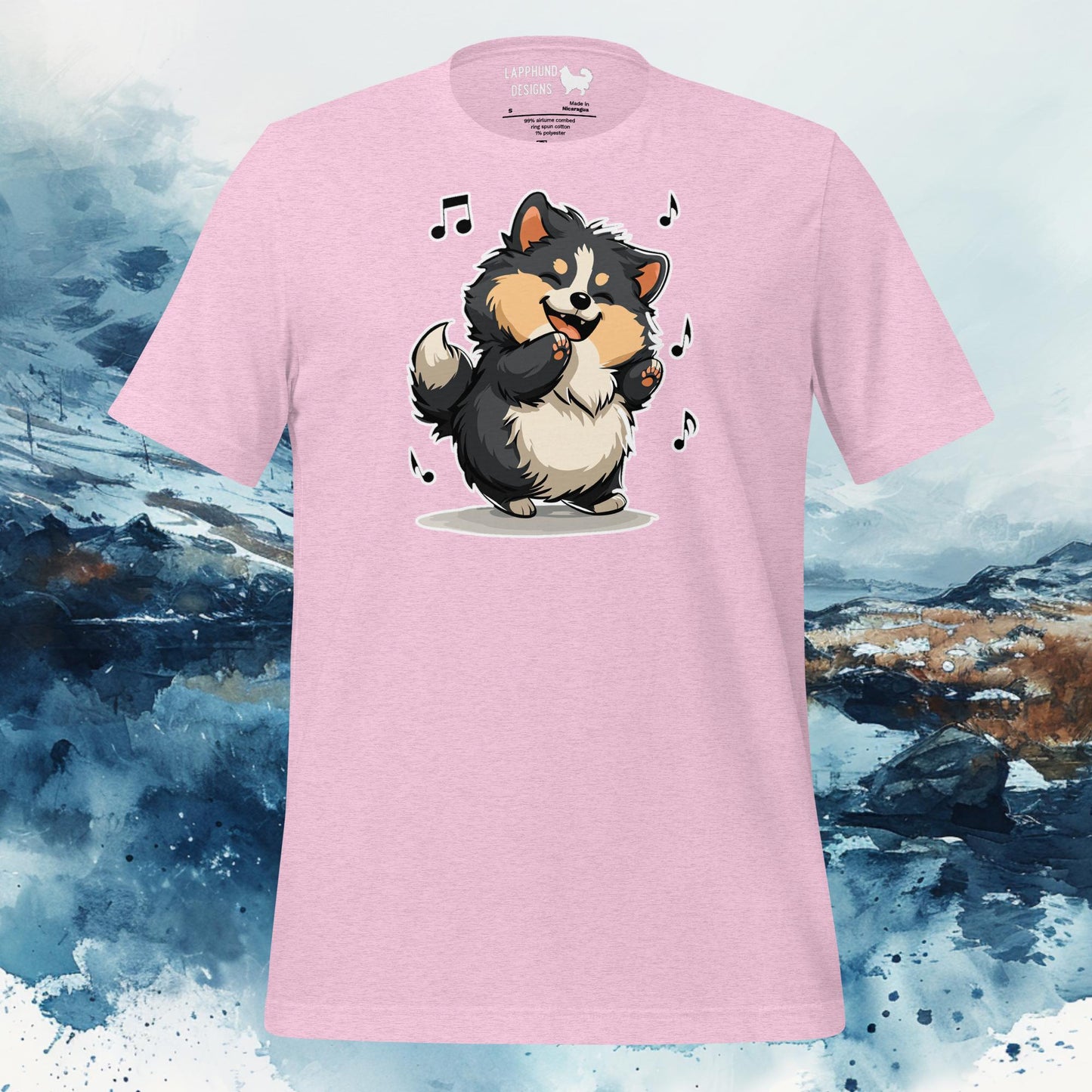 Finnish Lapphund T-Shirt – Dancing Lappie with Musical Notes Art