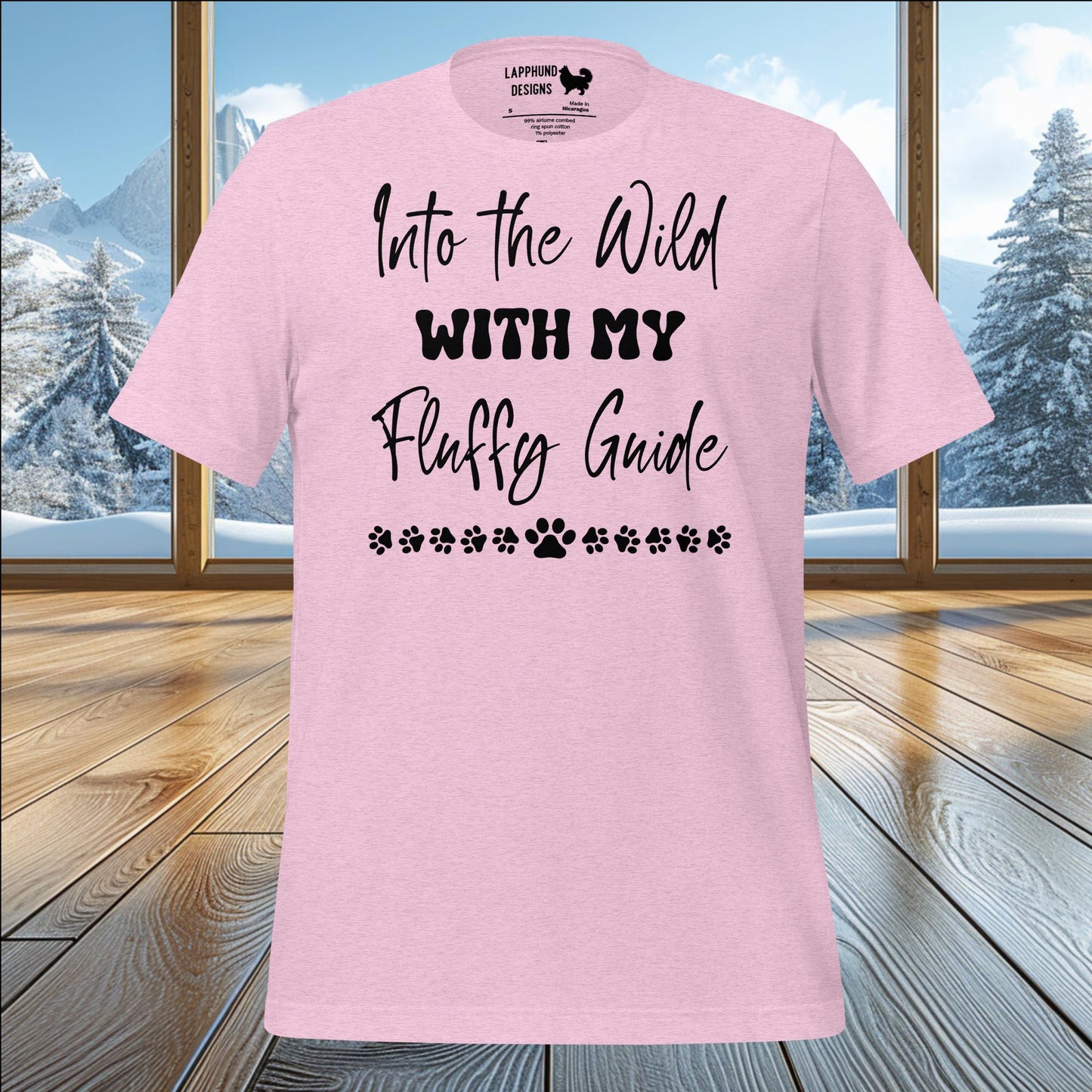 Into the Wild with My Fluffy Guide t-shirt featuring playful paw prints, perfect for adventurous dog lovers.