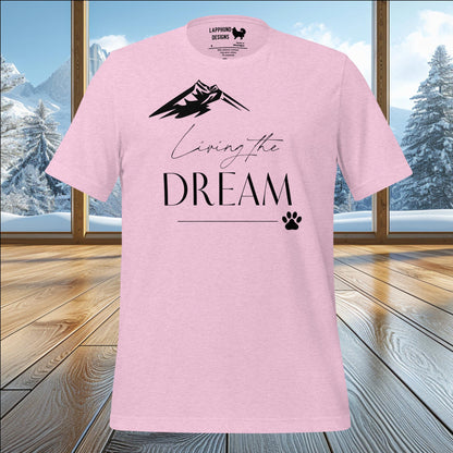 Living the Dream t-shirt featuring mountain graphic and paw print design, perfect for outdoor enthusiasts and dog lovers.