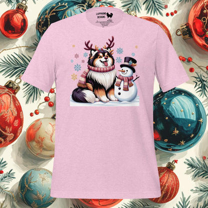 Reindeer Games Finnish Lapphund Christmas t-shirt featuring a Lapphund with reindeer antlers and a snowman, perfect for the holidays.