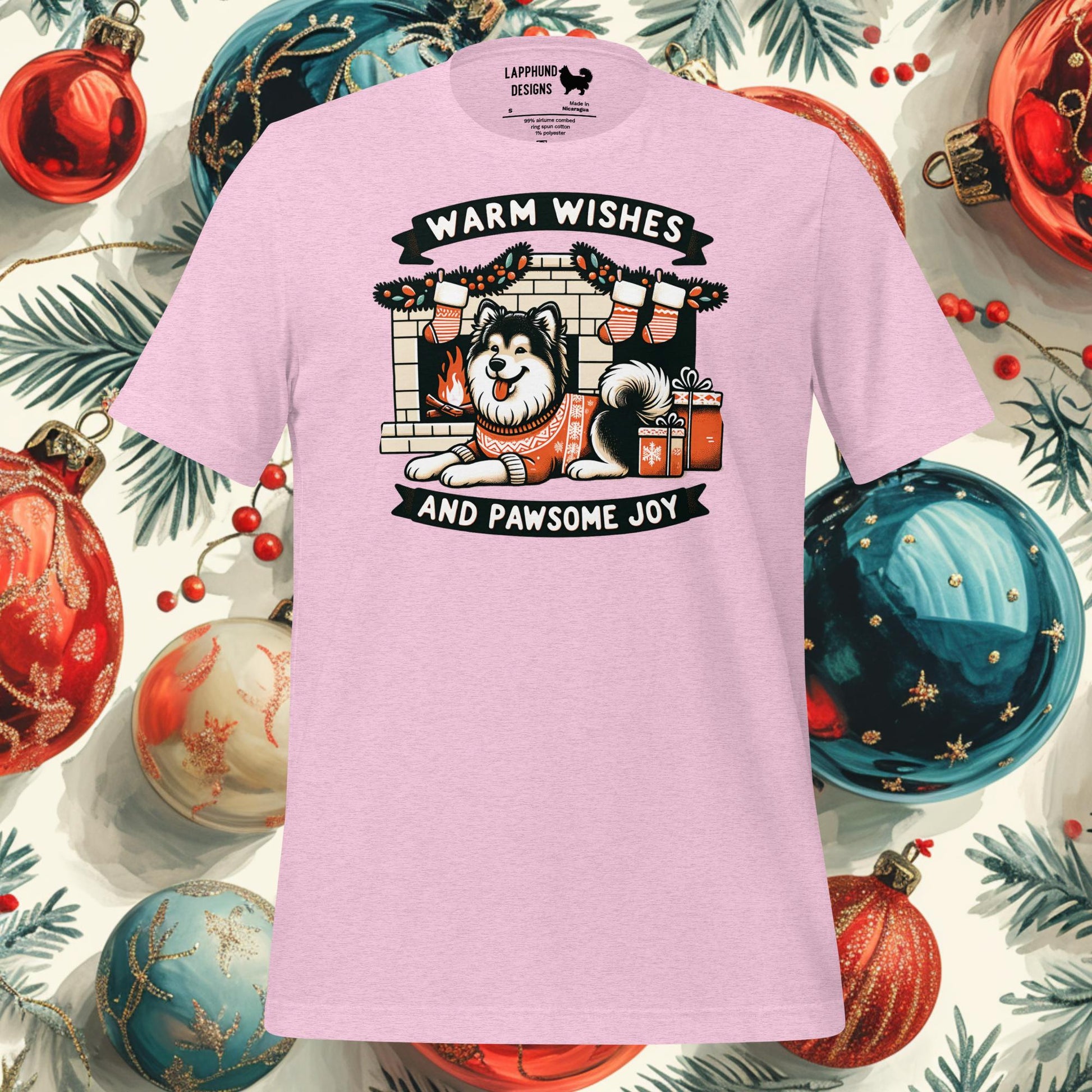 Warm Wishes and Pawsome Joy Finnish Lapphund Christmas T-Shirt featuring a Lapphund by a festive fireplace, spreading holiday cheer.