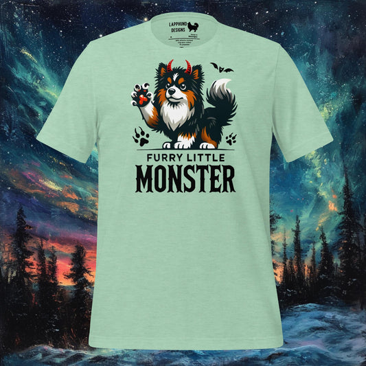 Mint t-shirt featuring a Finnish Lapphund in a devil costume with 'Furry Little Monster' text, perfect for Halloween and dog lovers.