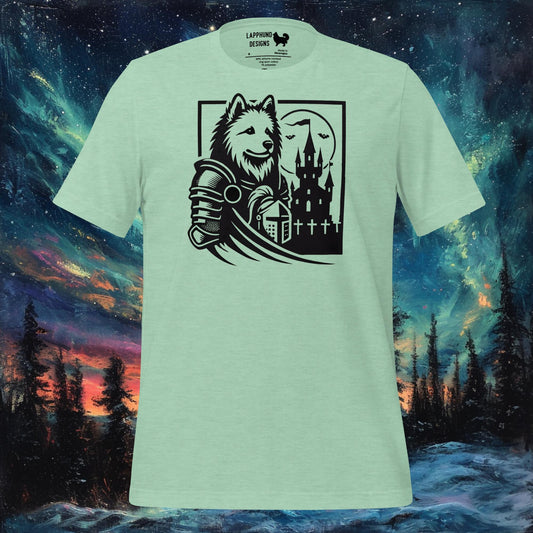 Mint t-shirt featuring a Finnish Lapphund in knight’s armor with a haunted castle in the background, perfect for Halloween and dog lovers.