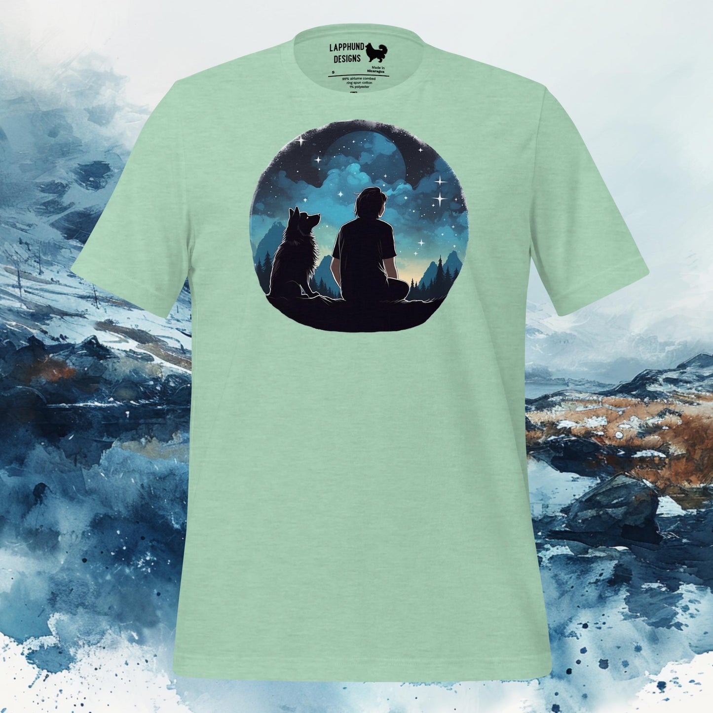 Mint green t-shirt featuring a silhouette design of a person sitting beside a Finnish Lapphund under a starry night sky, perfect for nature and dog lovers.