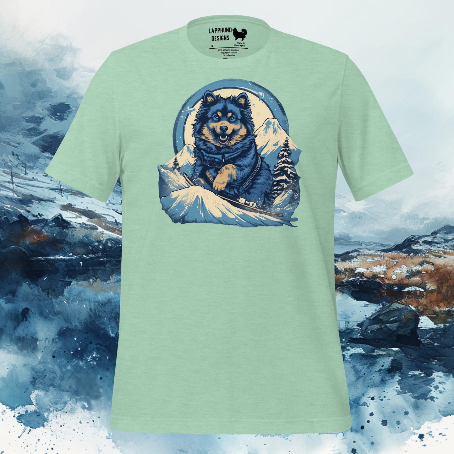 Finnish Lapphund T-Shirt – Snowboarding Adventure Design for Outdoor Lovers