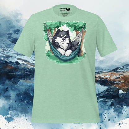 Finnish Lapphund T-Shirt – Relaxed Lappie in Hammock Illustration