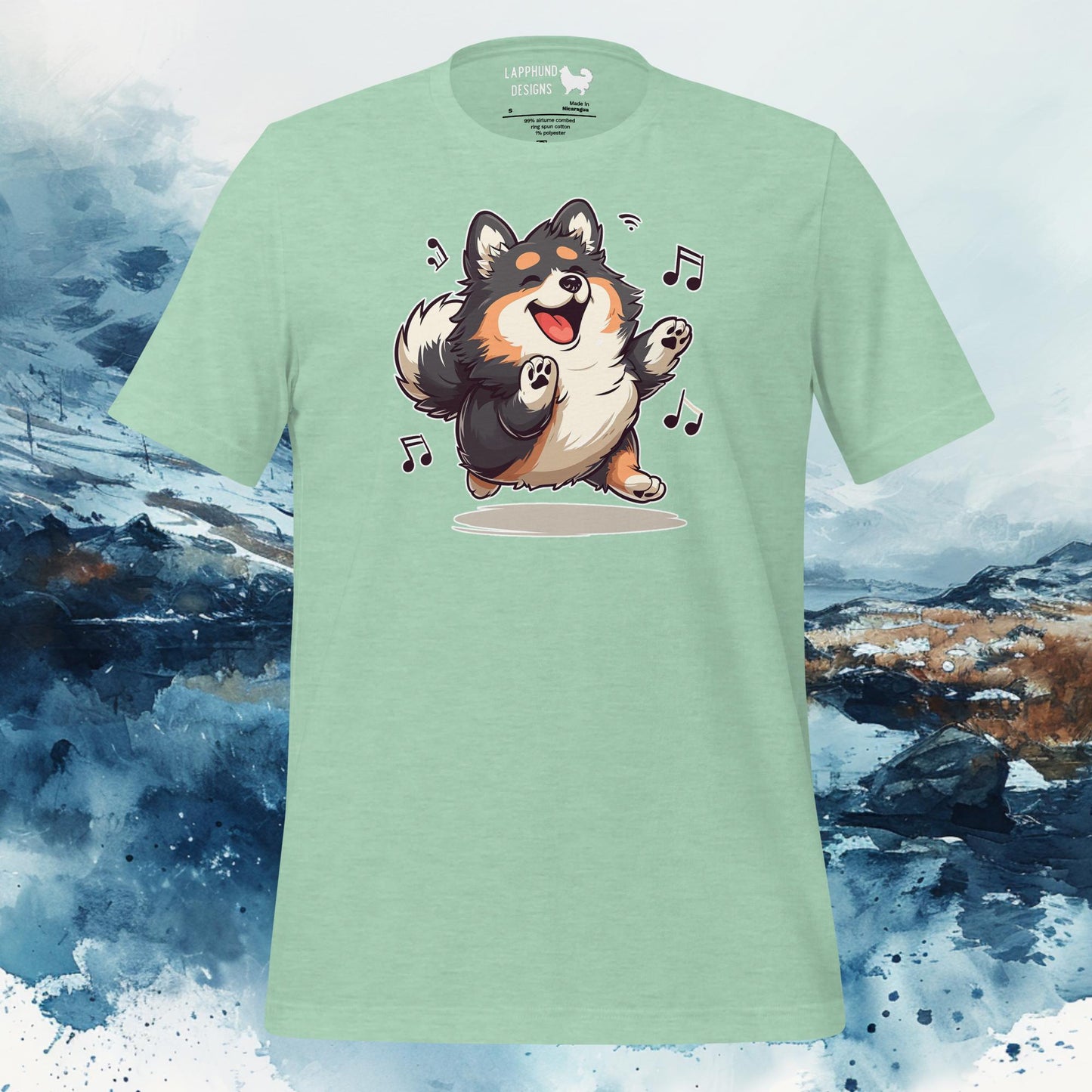 Finnish Lapphund T-Shirt – Dancing Lappie with Musical Notes Art